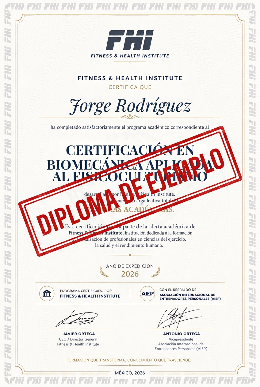 Ejemplo del diploma de la Certificación en Biomecánica Aplicada al Fisicoculturismo